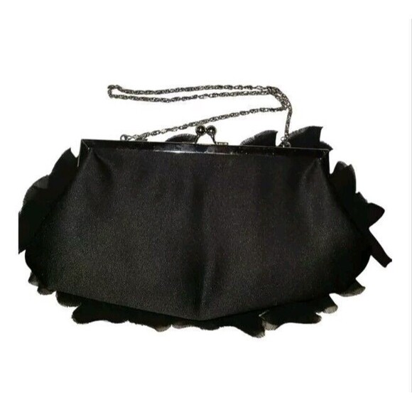 Vtg. Formal Purse Handbag In Satiny Black Tulle Silver Chain Strap Kiss Lock - Picture 3 of 11